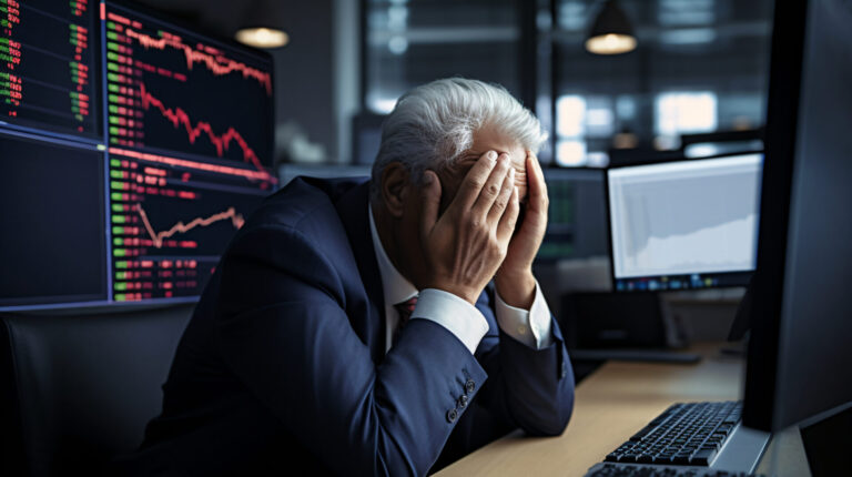 Um homem de terno está sentado em uma mesa com a cabeça entre as mãos, cercado por telas de computador que mostram gráficos de ações em queda e gráficos financeiros vermelhos, sugerindo estresse financeiro ligado a dirigentes da Caixa suspeitos de corrupção.