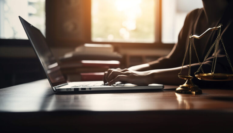 Uma pessoa digitando em um laptop em uma mesa com uma balança de justiça ao lado, com a luz do sol passando por uma janela ao fundo, destacando a realidade sutil de que a direção da caixa não garante direitos nesse ambiente de escritório jurídico.