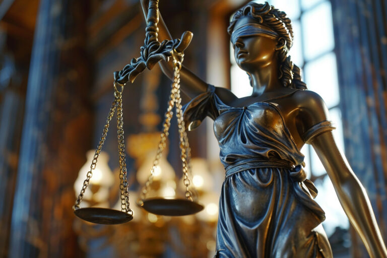 Um close-up de uma estátua de bronze da Lady Justice segurando uma balança equilibrada, usando uma venda nos olhos, com a luz suave do sol entrando por uma janela ao fundo, simbolizando a justiça enquanto o STF tenta um acordo sobre repasse de recursos.