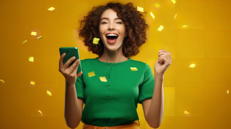 Uma mulher alegre com cabelos cacheados, vestindo uma camisa verde, segura um smartphone e comemora uma mega-sena com prêmio recorde de R 289 enquanto confetes amarelos caem ao seu redor, em pé contra um fundo amarelo brilhante.