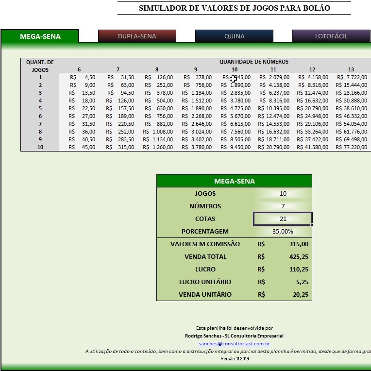 Excel - Planilha megasena lotofácil