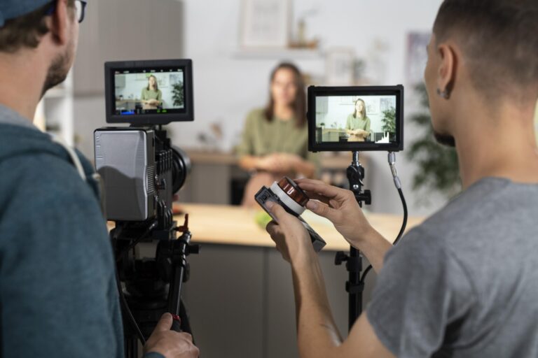 Duas pessoas operam câmeras e monitores enquanto filmam uma mulher falando em uma mesa - perfeito para uma crítica do "YouTube vale pena". Ela é vista em foco nas telas, enquanto o fundo e a equipe estão ligeiramente desfocados.