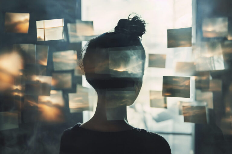 A silhueta de uma pessoa com o cabelo em um coque está voltada para uma janela, cercada por imagens quadradas translúcidas flutuantes que mostram céus nublados, evocando uma atmosfera sonhadora e surreal - um reflexo quase visual do perfil comportamental isso. A luz filtra suavemente a cena.