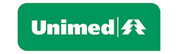Logotipo da Unimed com texto branco e duas árvores estilizadas em um fundo retangular verde.
