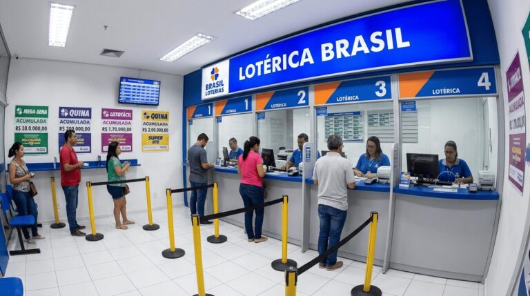 Os clientes ficam na fila em um escritório de loteria brasileiro bem iluminado, onde a equipe usa o software para lotéricas para atender com eficiência. As placas exibem informações sobre a loteria e os prêmios principais, enquanto as barreiras e a sinalização clara mantêm a área organizada.