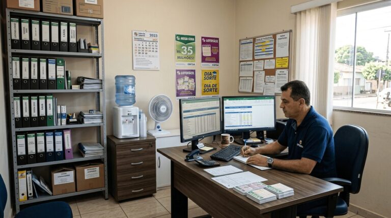 Um homem senta-se em uma mesa com dois monitores em um escritório, usando um sistema para lotéricas, cercado por prateleiras com fichários, um bebedouro, um ventilador e vários pôsteres e documentos nas paredes. A luz do sol entra por uma grande janela.
